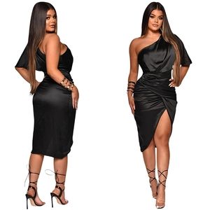 ๐Elegant Black Womens Midi One Shoulder Dress๐